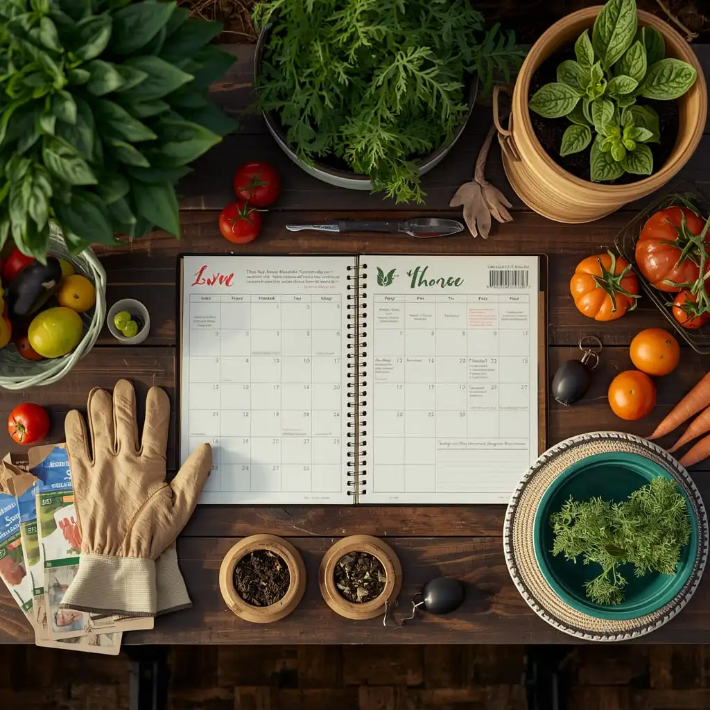 Vegetable planting calendar with seed packets and seedlings for USA home gardeners