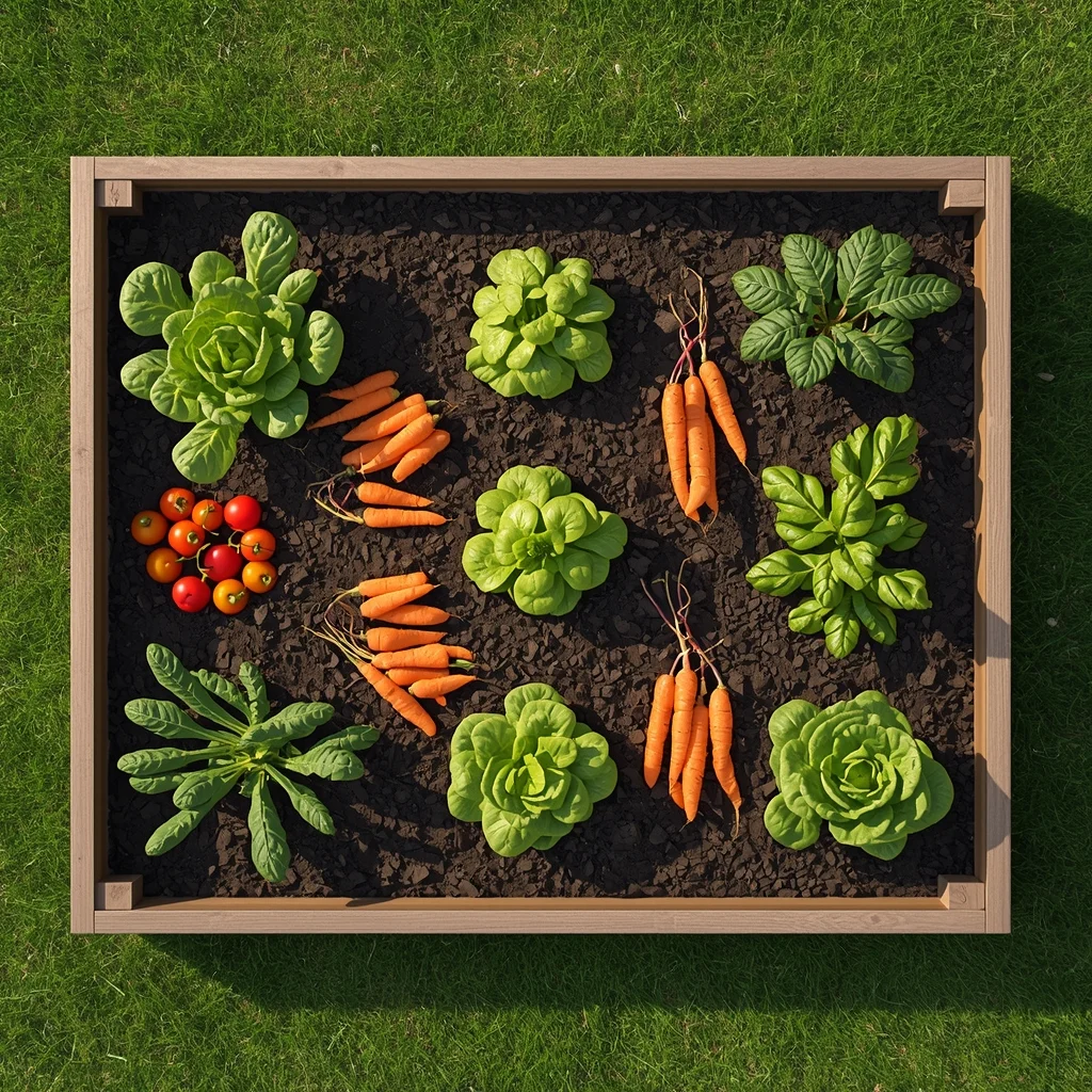 Overhead view of a perfectly spaced raised garden bed with rows of colorful healthy vegetables