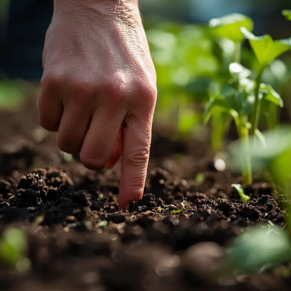 Gardener checking soil moisture with finger before watering garden plants