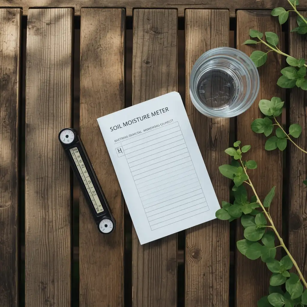 Rain gauge soil moisture meter and watering notebook for garden irrigation planning