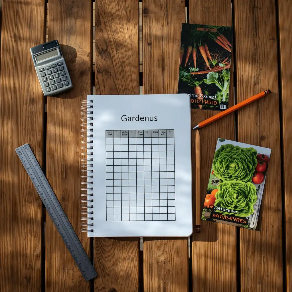 Garden planning notebook with seed packets and calculator for seed quantity planning