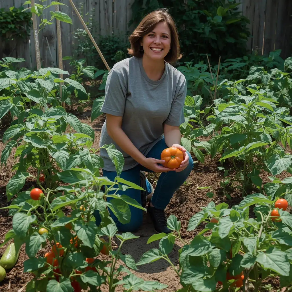 Happy home gardener harvesting vegetables from a well-planned backyard garden