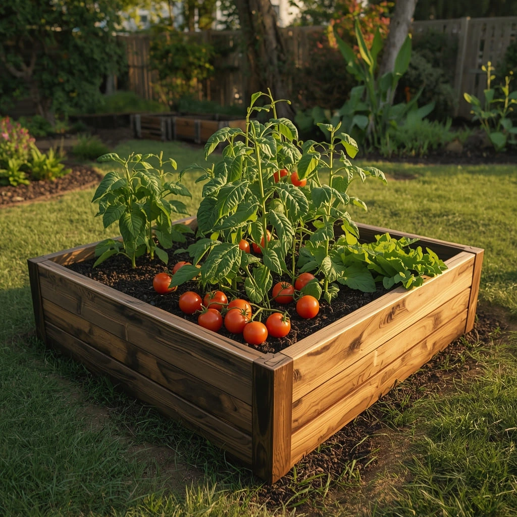 Wooden raised garden bed filled with mixed vegetables in a backyard