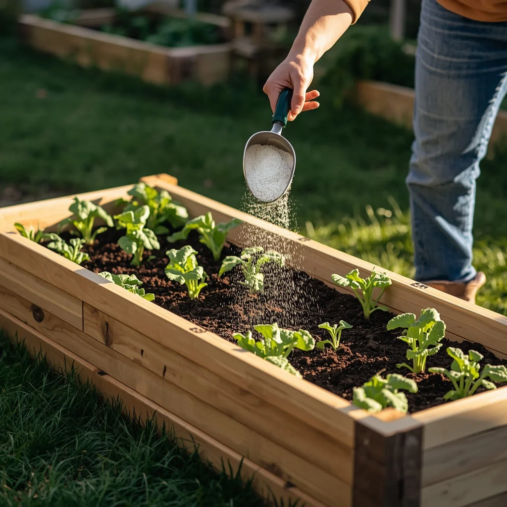Person measuring and applying fertilizer to a wooden raised garden bed
