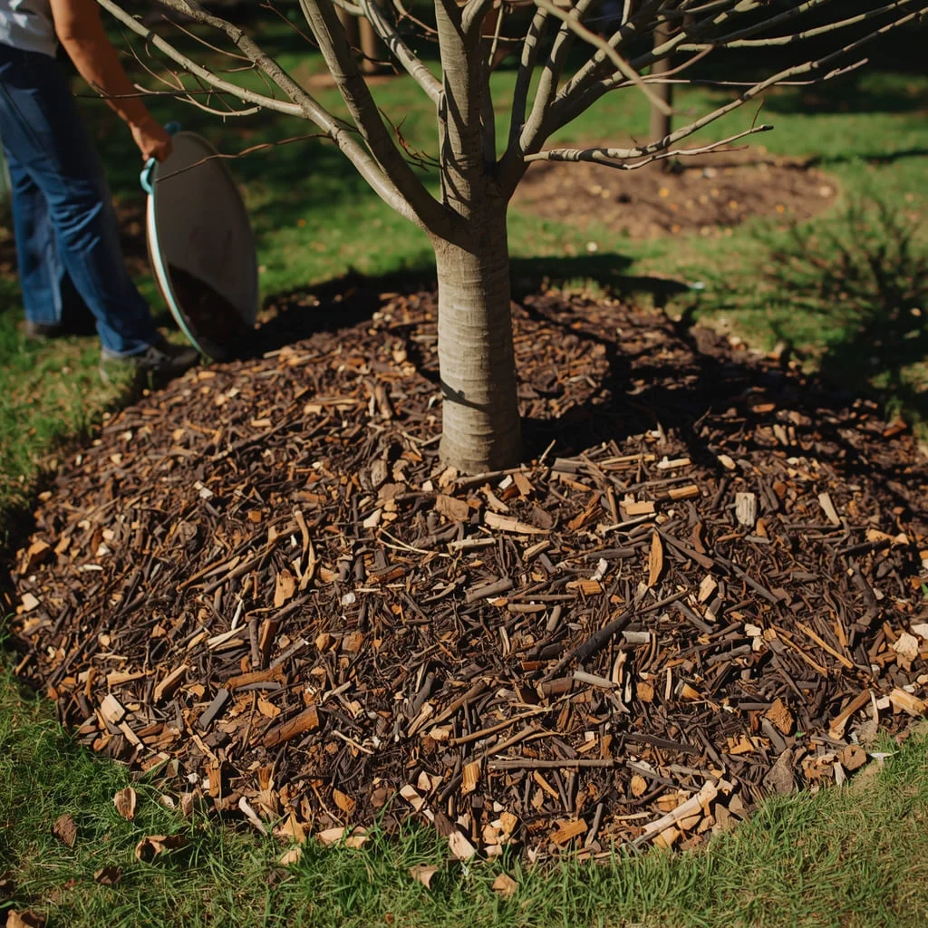 Person spreading bark mulch in a flat ring around the base of a young tree in a backyard