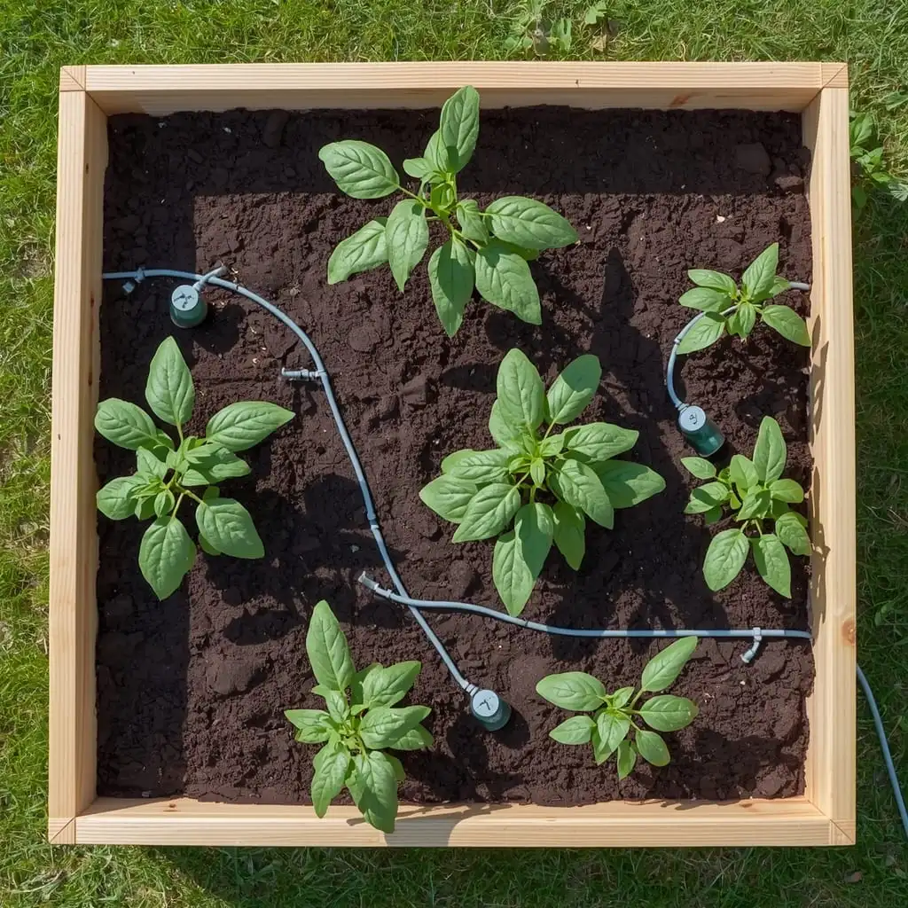 Drip irrigation system installed in a 4x8 raised garden bed with tomatoes and peppers