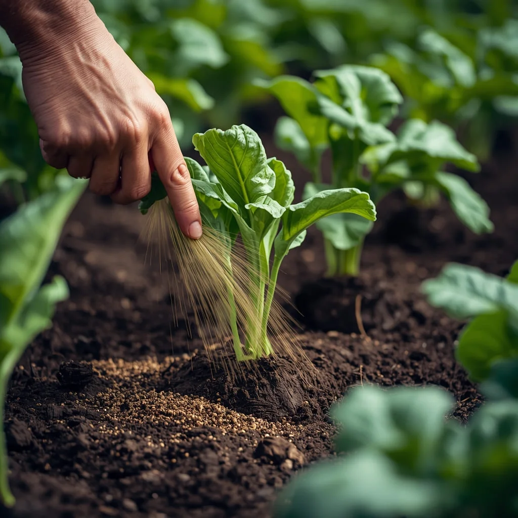 Hands spreading granular fertilizer around the base of vegetable plants in a garden bed