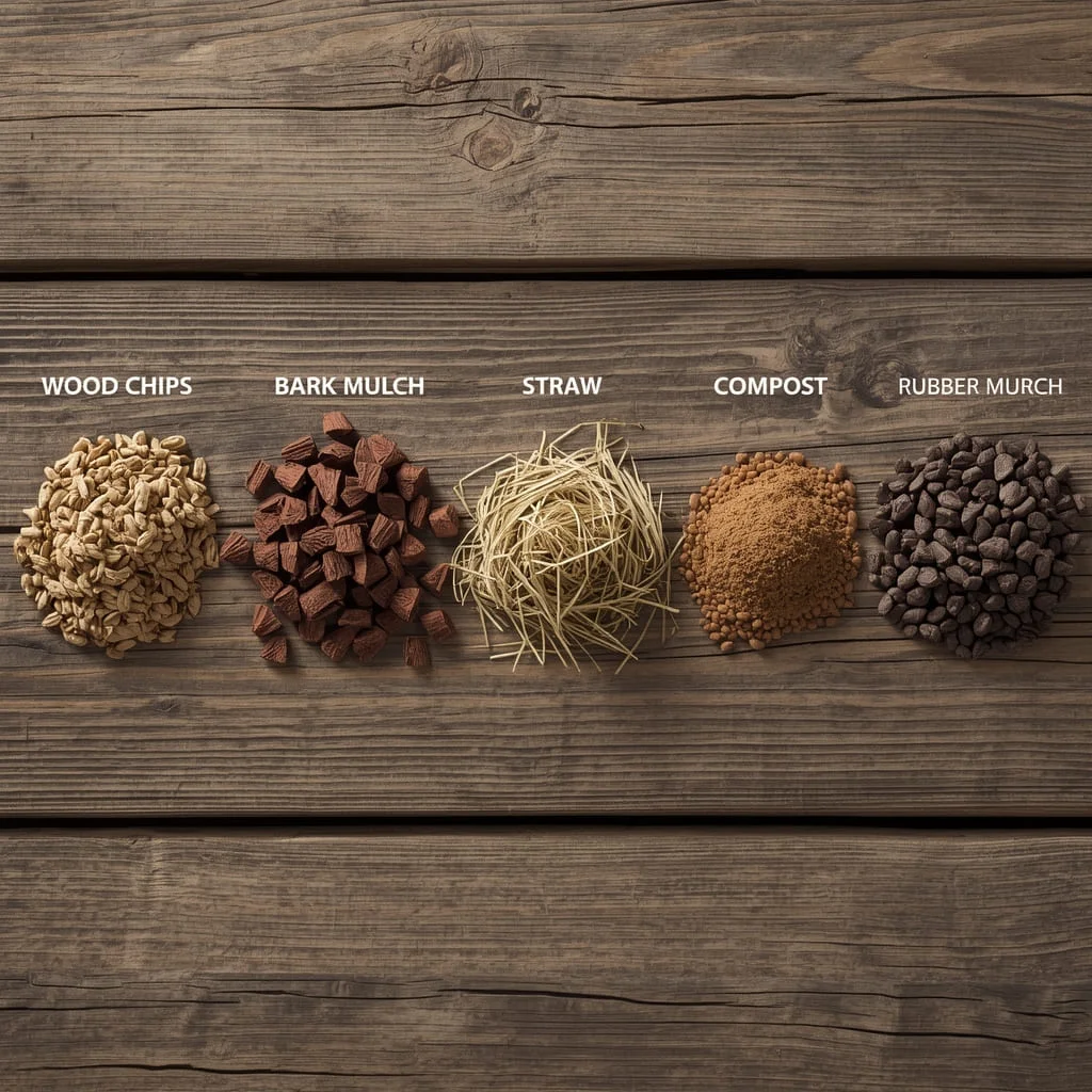 Five different types of mulch displayed side by side on a wooden surface