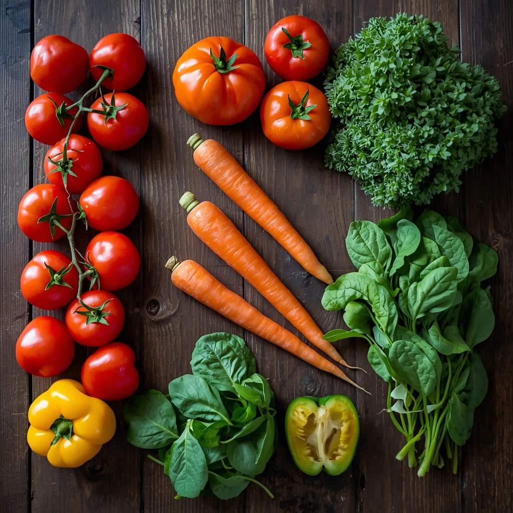 Fresh harvested tomatoes, lettuce, carrots, spinach, and peppers on a wooden table