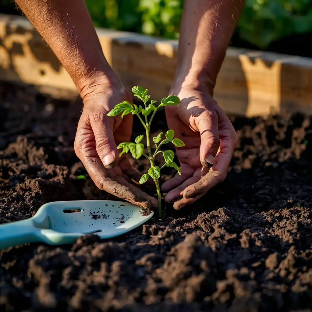 Hands carefully planting a young tomato seedling into rich, dark garden soil in a raised bed