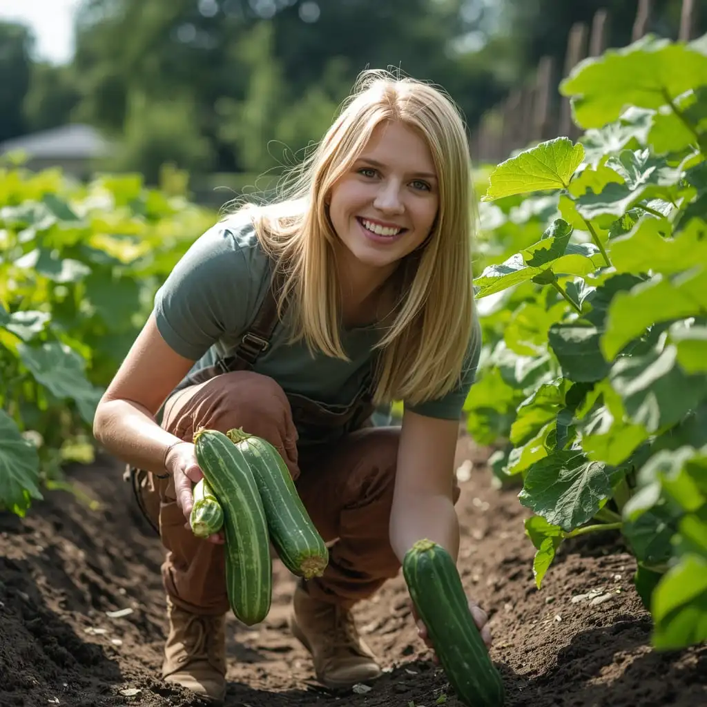 Gardener harvesting zucchini and cucumbers in home garden