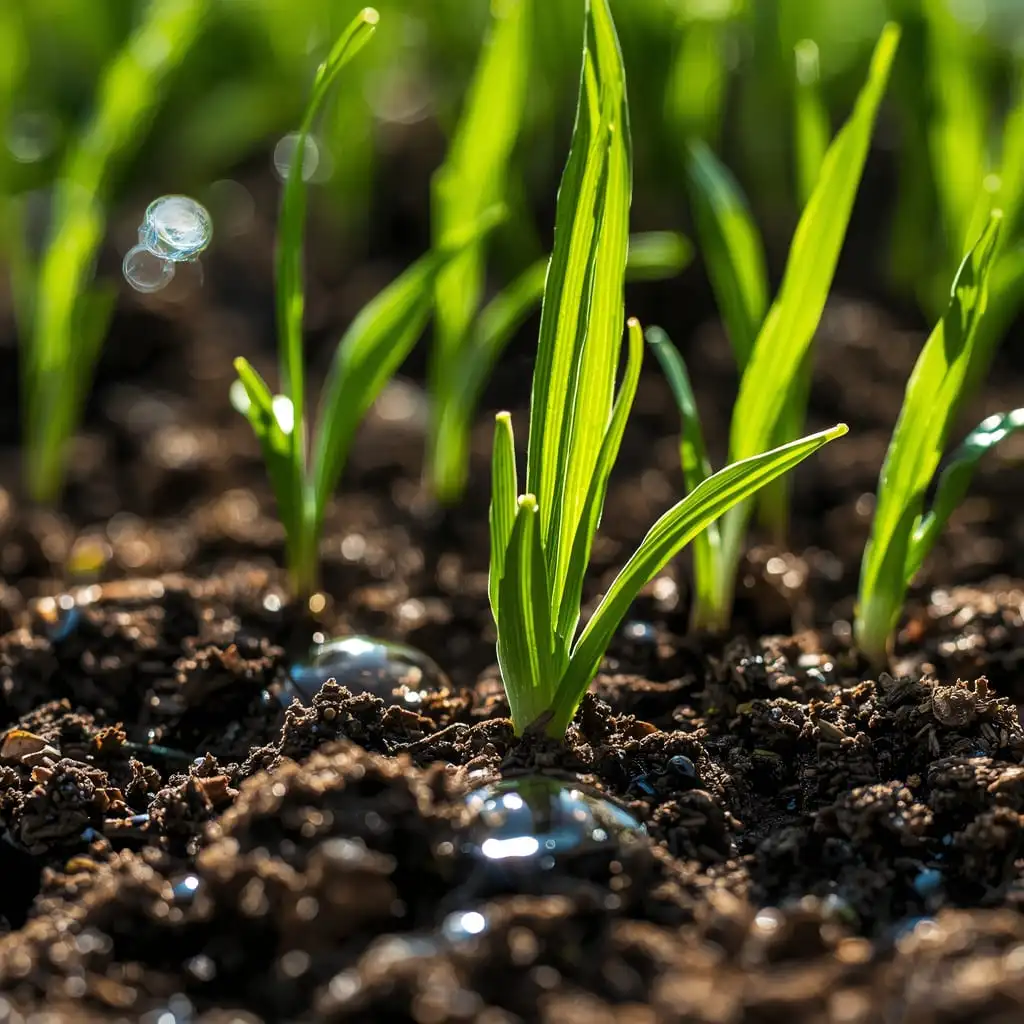 Young grass seedlings growing from moist soil