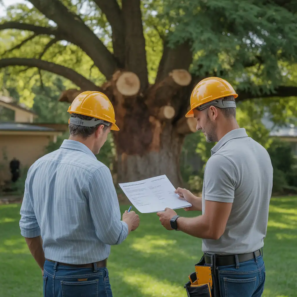 Homeowner comparing tree removal quotes with a licensed tree service contractor