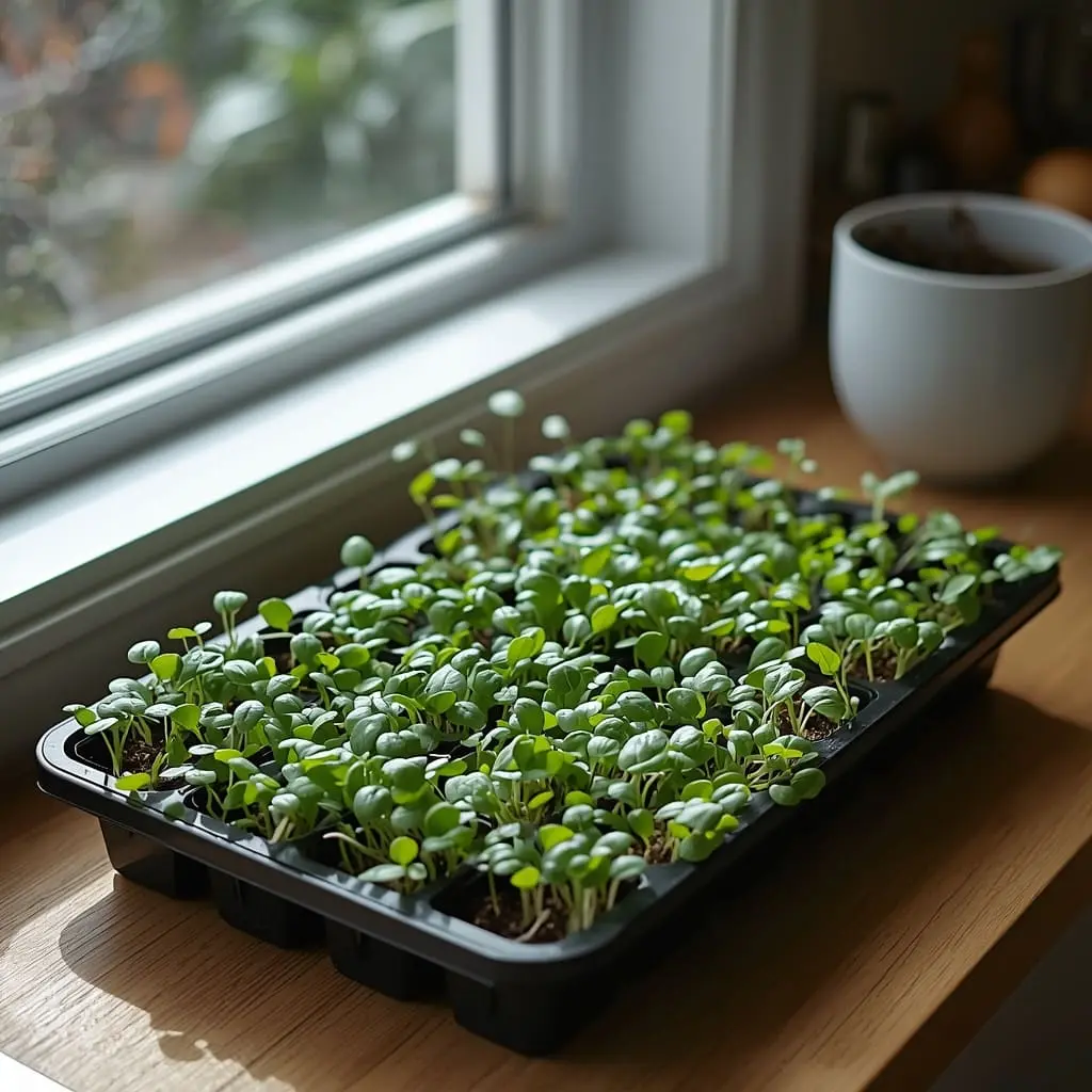 Fresh microgreens growing indoors near sunny window