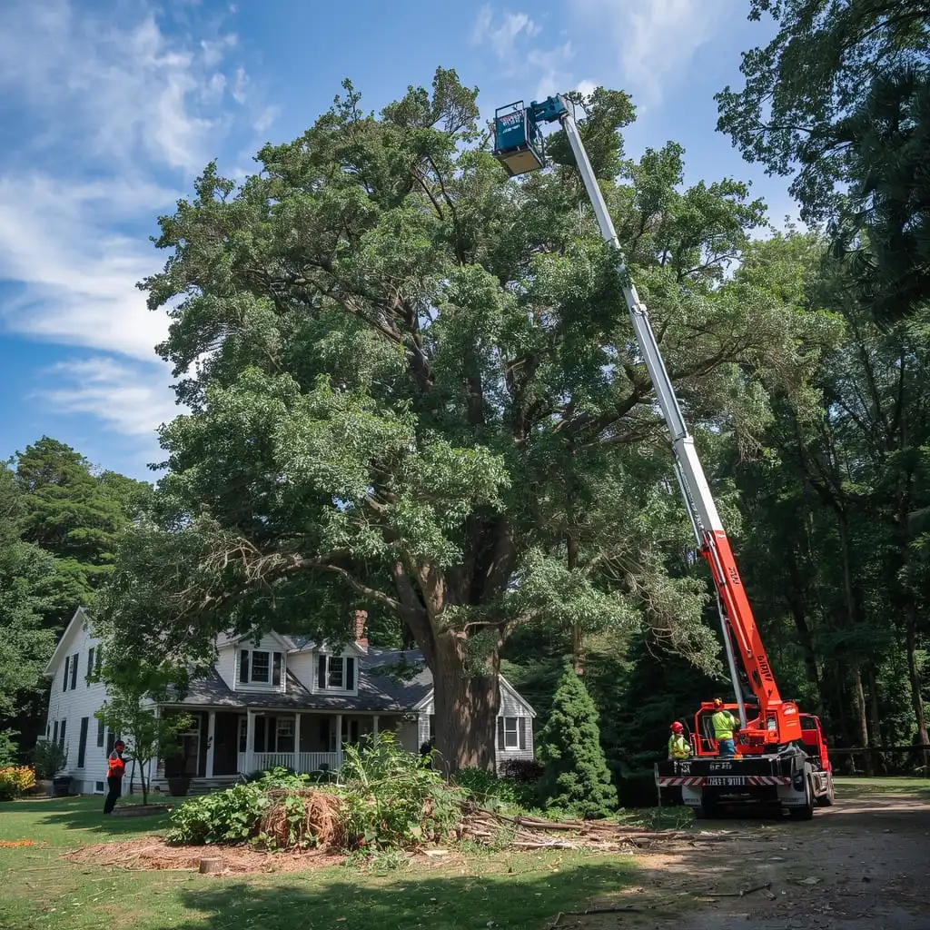 Professional crew using crane for large tree removal near a residential home