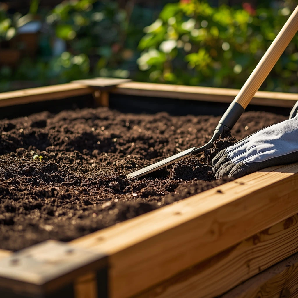 Fresh soil being leveled inside a wooden raised garden bed