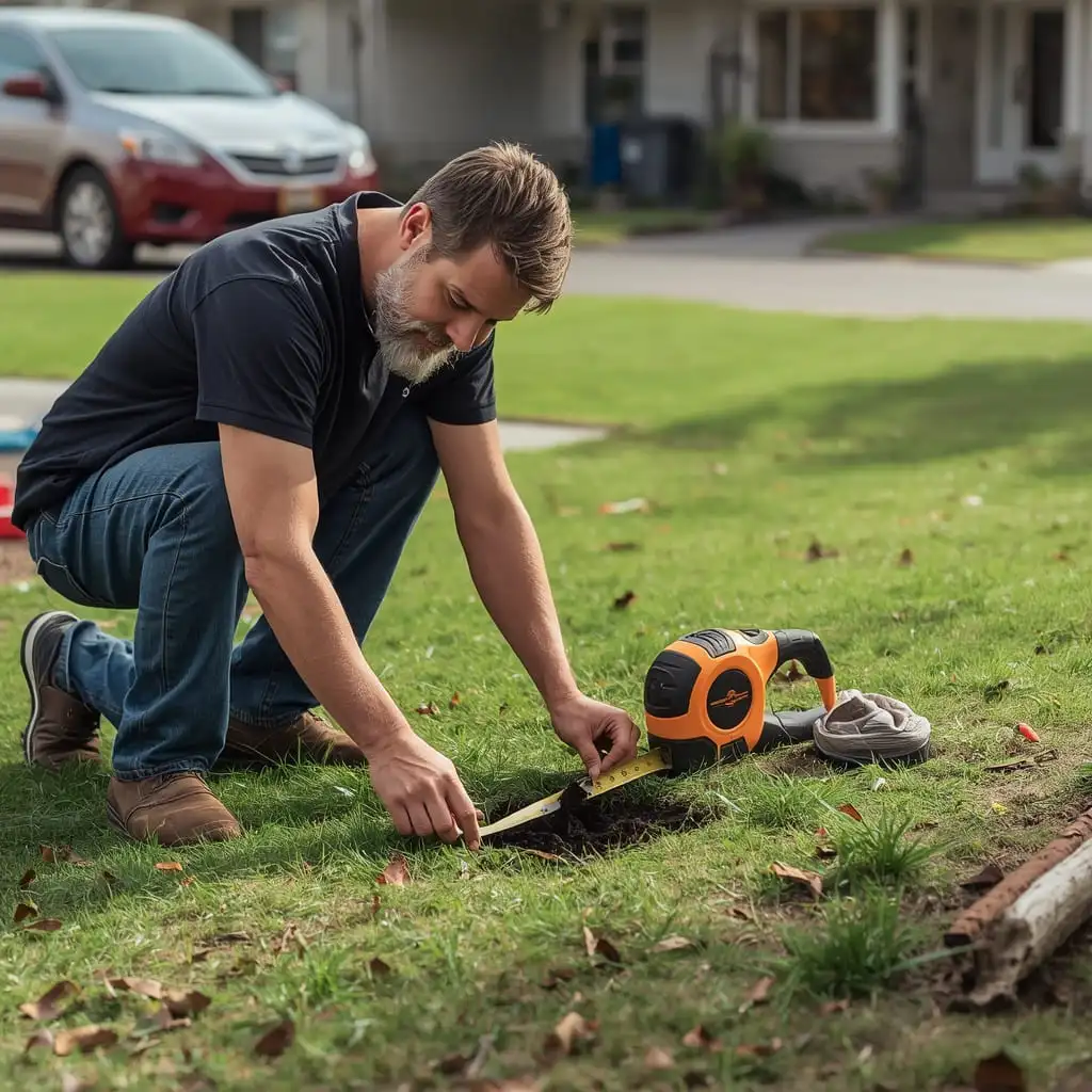 Homeowner measuring lawn area with tape measure