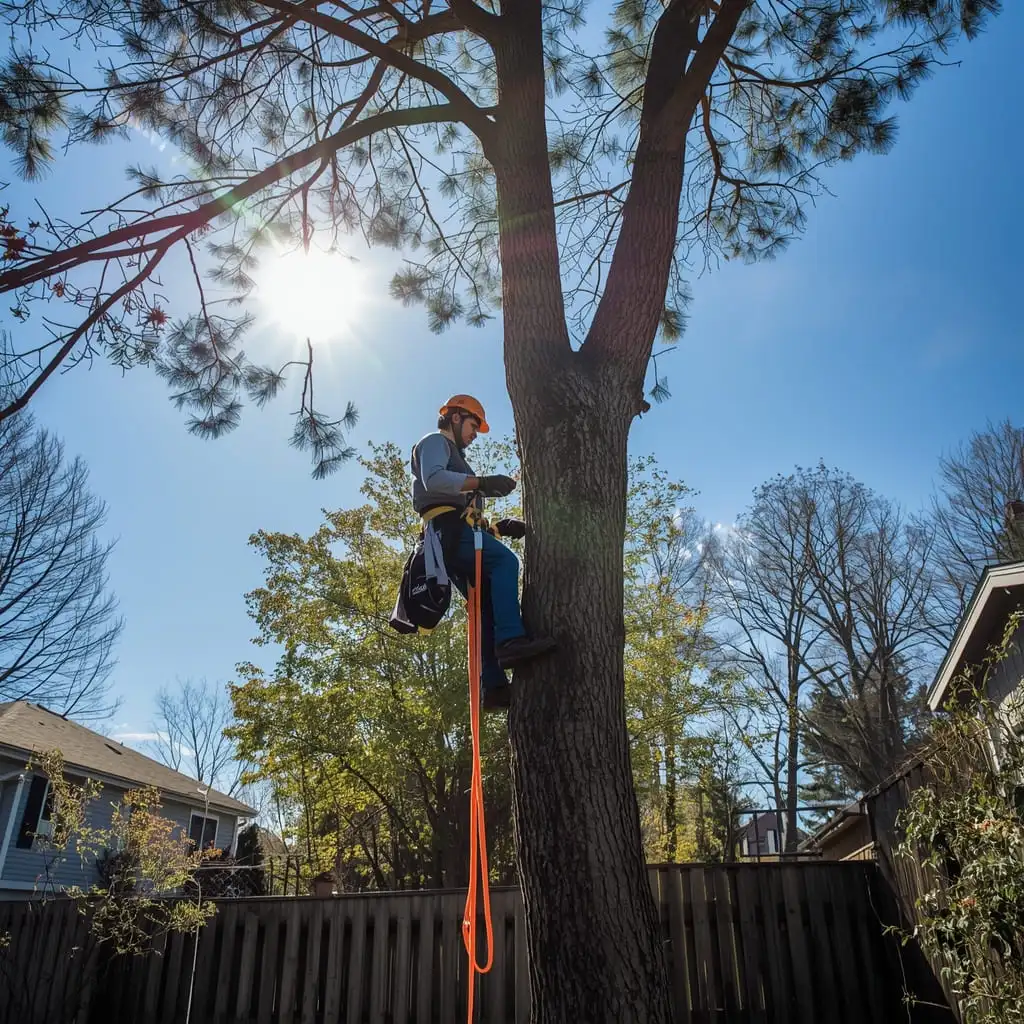 Licensed arborist climbing a large tree for safe tree removal service