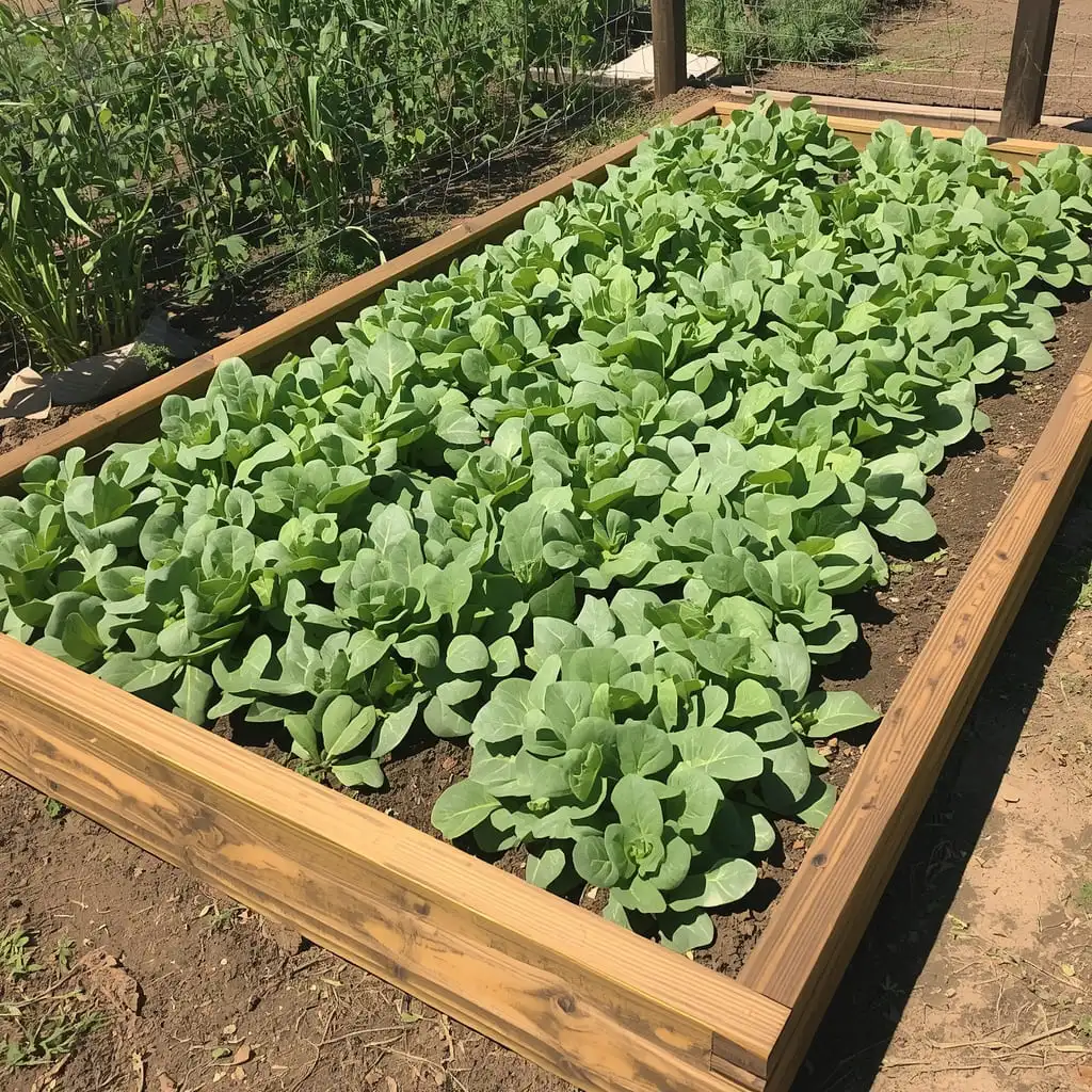 Raised garden bed with lettuce spinach and arugula growing in rows