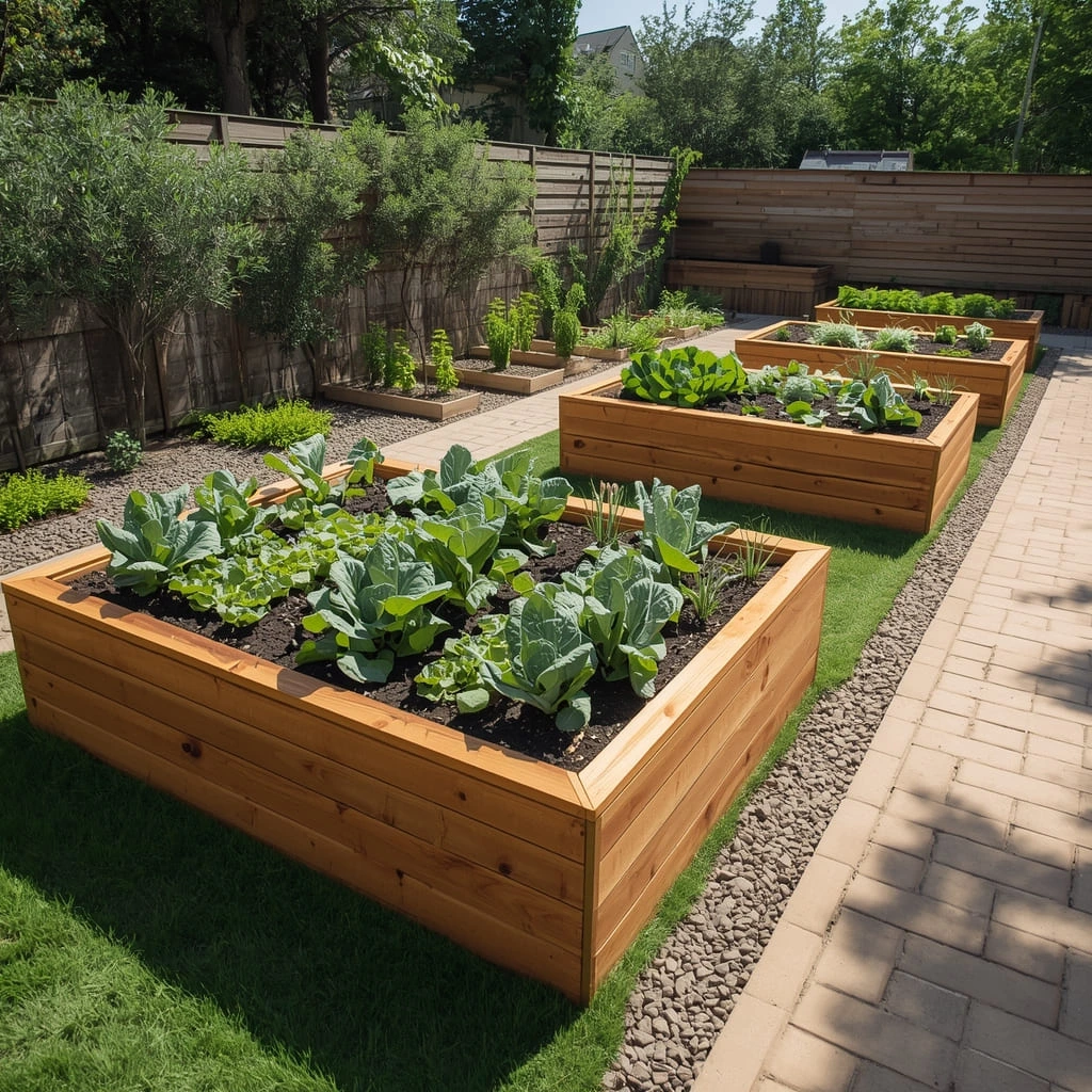 Backyard garden with multiple raised beds and healthy soil