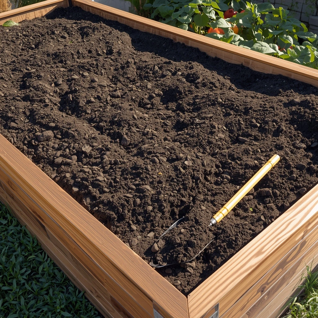 Wooden raised garden bed filled with fresh soil in backyard garden
