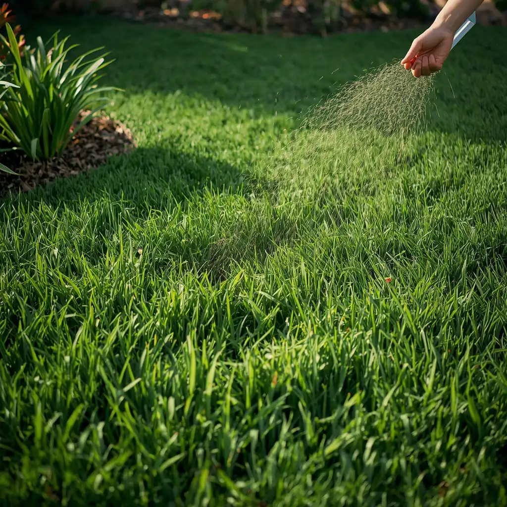 Person spreading grass seed on a healthy backyard lawn