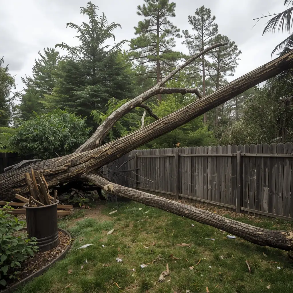 Large storm damaged tree fallen on backyard fence requiring emergency tree removal