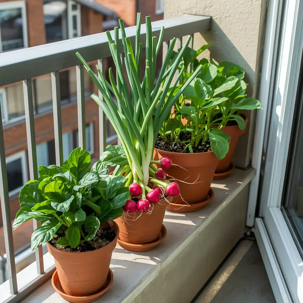 Small balcony garden with vegetables growing in pots