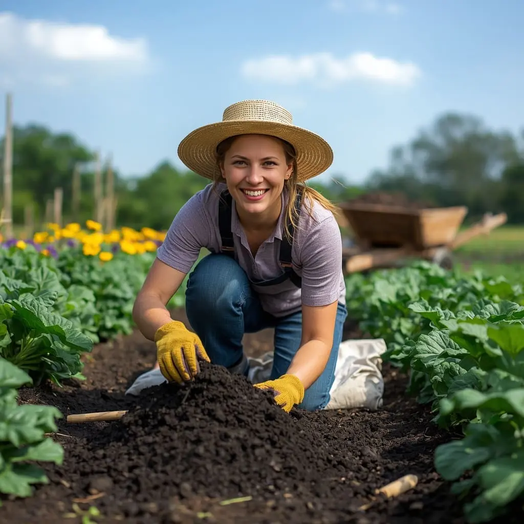 Gardener's hands spreading dark compost into vegetable garden soil to improve fertility