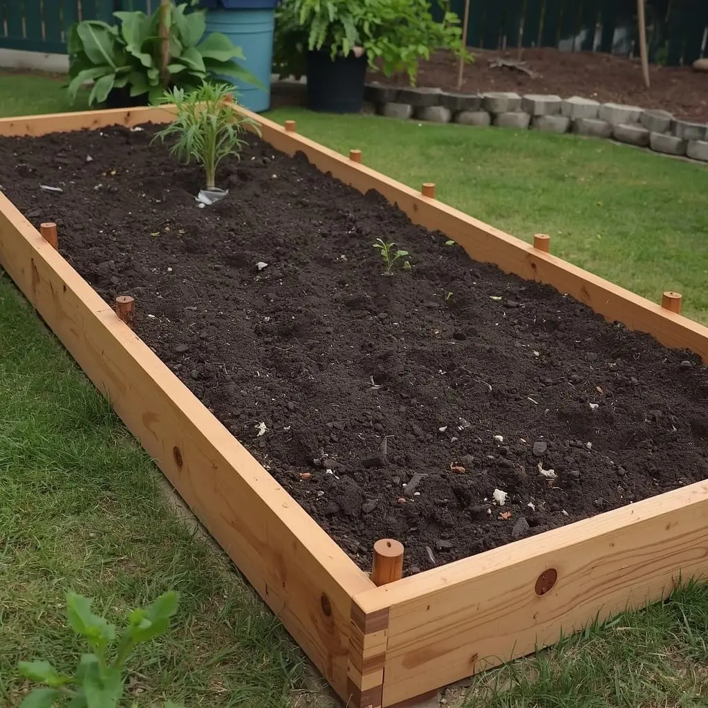 Raised wooden garden bed filled with dark rich soil for vegetable gardens ready for planting