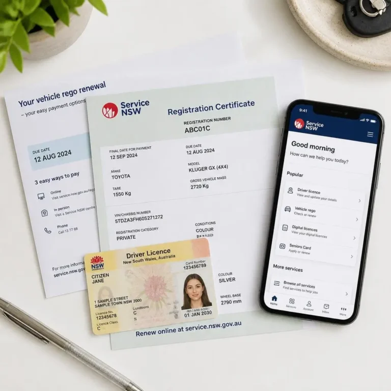 Service NSW documents including driver licence and vehicle registration